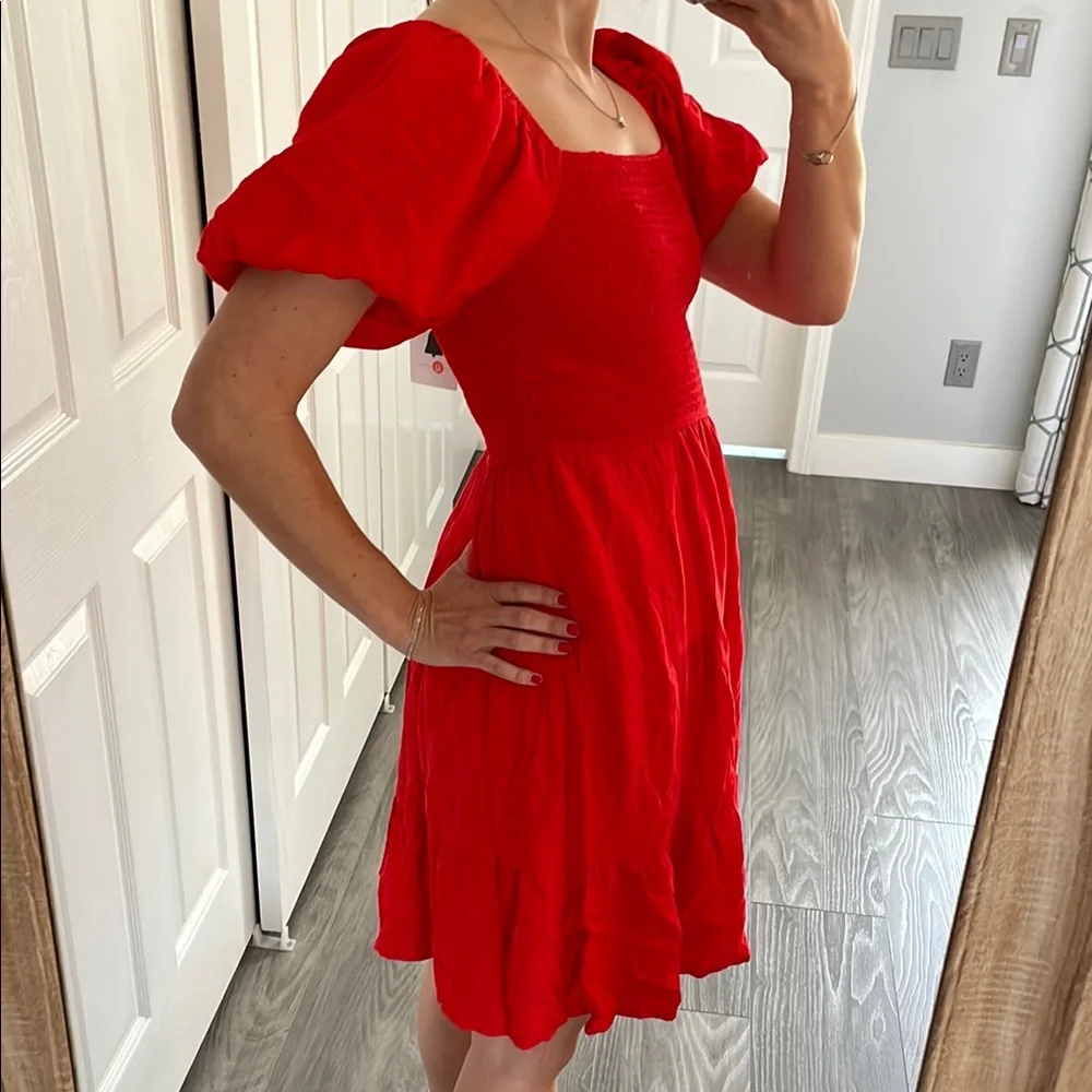 Red Puff Sleeve Dress with Pockets! - Picture 2 of 6